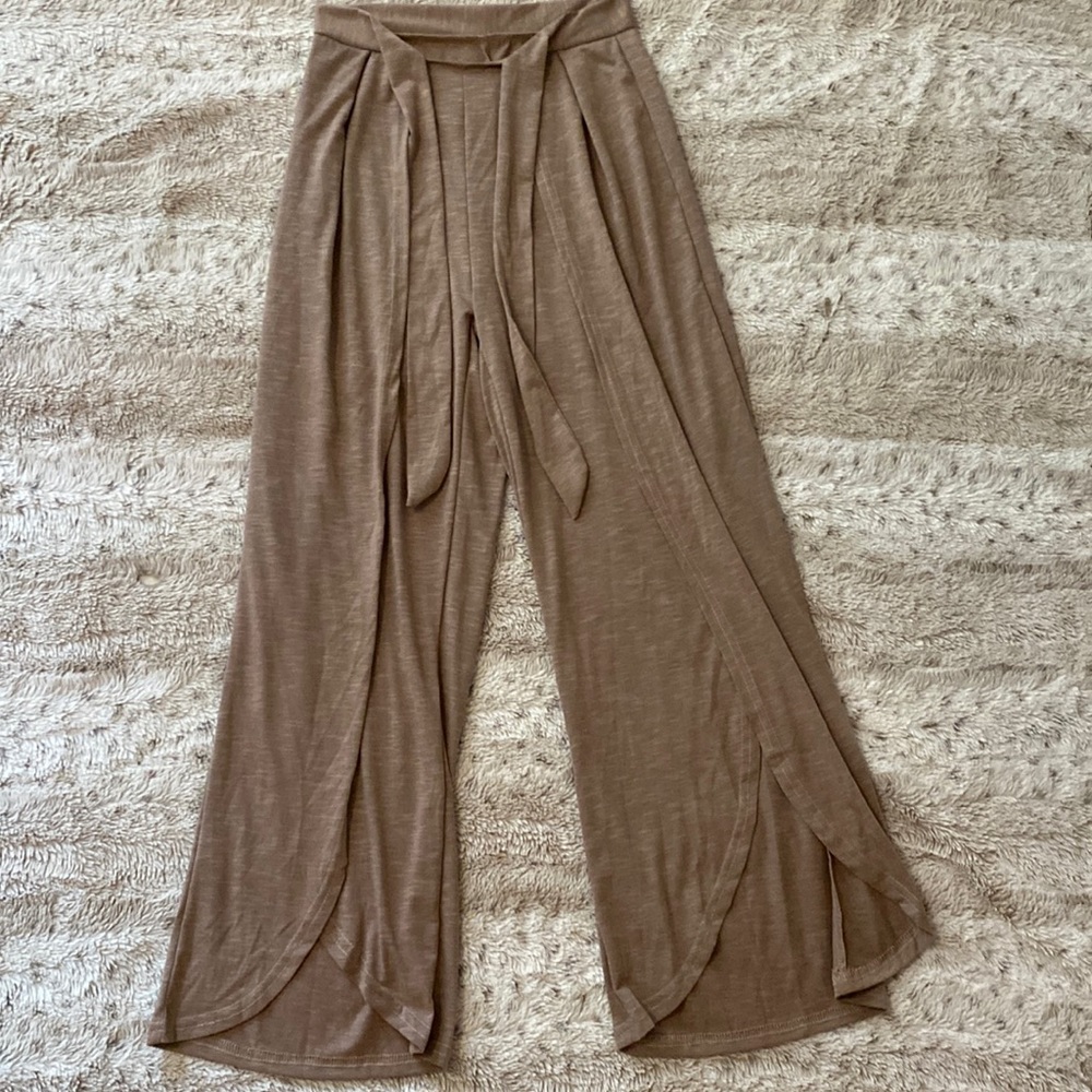 High waisted light brown wide legs flowy pants